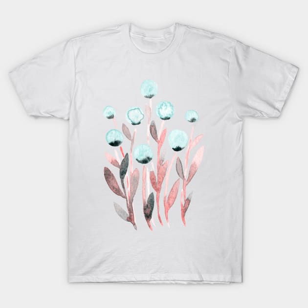 Simple watercolor flowers - pastel blue and living coral T-Shirt by wackapacka